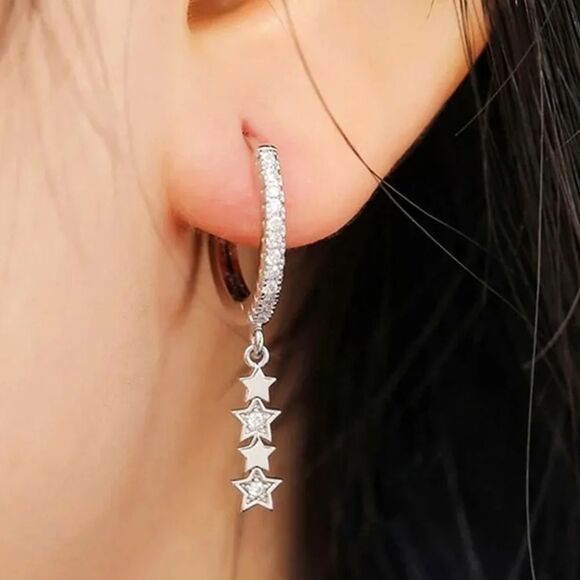 ⭐️Dainty Sparkling Silver Star C Hoop Dangle Drop Earrings - Picture 1 of 15
